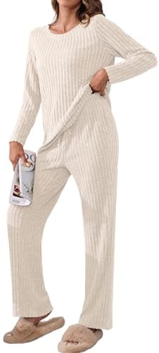 TIANZHU Womens Pajamas Set Casual Ribbed Tops Wide Leg Pants with Pockets 2 Piece Lounge Nightwear Size 8-26