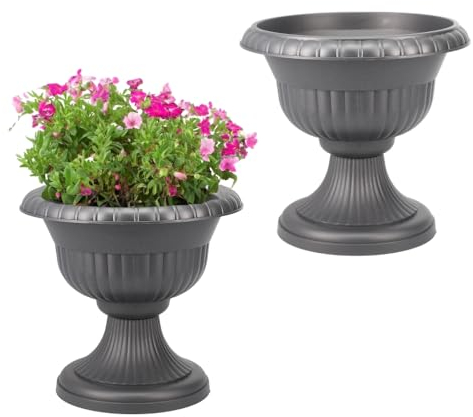 GarPet 2er-Set Blumentopf mit Ständer Blumensäule Standfuß Pflanztopf Grabvase Friedhofsvase Grau 30 cm