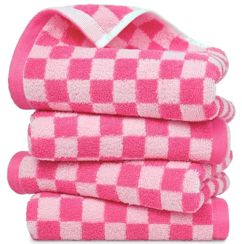 Jacquotha Karierte Handtücher fürs Badezimmer, 100% Baumwolle, weich und saugfähig für Frauen und Mädchen, lebendige, niedliche Handtücher, Farbe für Deine Wohnkultur, 33 x 74 cm, 4er-Set, Neonrosa