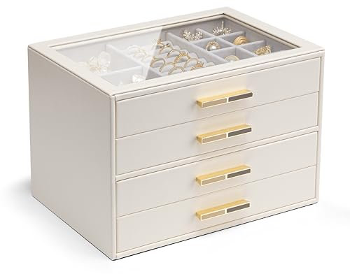 Vlando White Jewellery Box with Glass Lid, 4-Tier Jewellery Organiser, Jewellery Storage with 4 Drawers for Watches,Sunglasses, Gift for Women, For Ring, Necklace, Earring, Bracelet, White