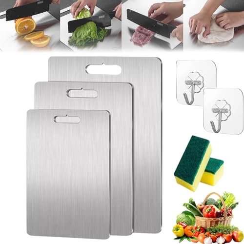 Yamato Lot de 3 planches à découper double face en titane et acier inoxydable – Non toxiques, adaptées aux couteaux, durables pour cuisine et camping