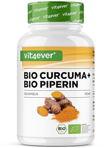 Bio Curcuma mit schwarzem Pfeffer - 365 Kapseln - 4511 mg Bio-Curcuma (Kurkuma) pro Tagesdosis - mit Curcumin & Piperin - 100% Bio-Qualität - Hochdosiert - Vegan