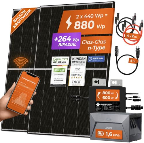 Solarway® 880W Balkonkraftwerk mit Speicher 800W komplett Steckdose - neuester 800 Watt Wechselrichter - 1,6 kWh Anker Solix 1-440W bifaziale Solarmodule & Envertech & Anker