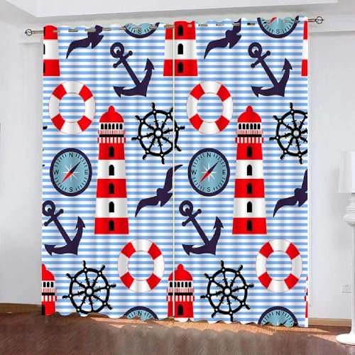 XPINGO 3D Anker Vorhänge mit ösen 2er Set B 150 X H 166 cm Leuchtturm Gardinen Blickdicht Kälteschutz Schallschutz Verdunkelung Wärmeisolierende Vorhang für Wohnzimmer Schlafzimmer（Stil 6-10）