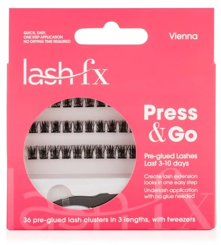 Lash FX Press & Go Pre-Glued Cluster Lashes - Vienna: Flirty and fluffy, adding wispy volume with an elegant touch, perfect for a natural yet enhanced look. 36 Clusters in 3 Lengths with Tweezers