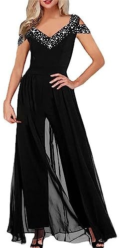 Overall für Damen, elegant, lang, ärmellos, Jumpsuit, Damen, Glitzer, schick, einteilig, mit weitem Bein, hohe Taille, Zeremonie, Country Konzert, Hose, V-Ausschnitt, Party, Abendkleider