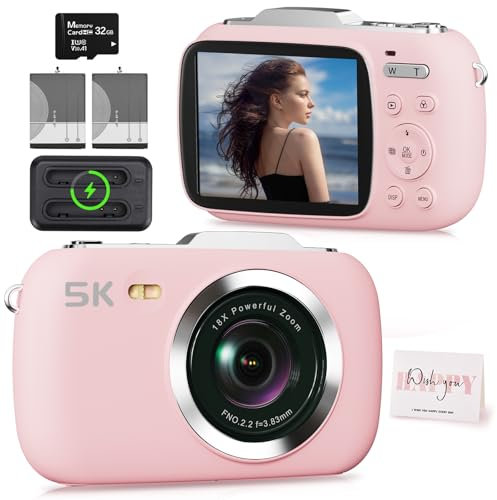 Digital Camera,5K Cameras for Photography,80MP UHD Portable Vlogging Camera,Cheap 18X Zoom Travel Point and Shoot Camera with 32GB TF Card,Photography Cameras for Beginners Teen - Pink