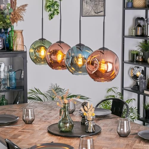 HOFSTEIN Hängeleuchte Ripoll, 4-flammige Hängelampe aus Metall/Glas in Schwarz/Kupfer/Blau/Grün, moderne Pendelleuchte im Retro/Vintage-Design (Schirme Ø 20 cm), E27, Esszimmer, Küche, Wohnzimmer