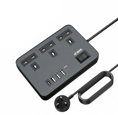 Extension Lead with 4 USB Slots, 3 Way Plug Extension Socket with Switches Power Strip, Extension Cord with Power Switch, 1.8m Extension Cable for Office Bedroom Black