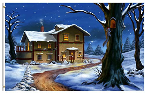 Flaggen Weihnachten Weihnachten Winter Verschneite Nachtlandschaft Mit Baumhaus Flagge Robuste,Dekorative Garten Banner Für Feiertage Draußen Aktivitäten 90X150Cm