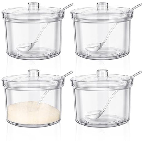 Huakaile 4 Pieces Acrylic Sugar Bowl with Lid and Spoon 6.76 OZ for Countertop, Salt Sugar Container Holder Storage Dispenser for Serving Condiment Pepper Candy Bar Bakery Home Kitchen (4)