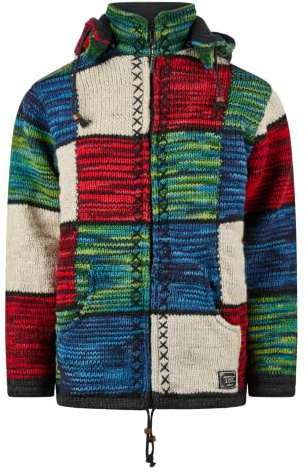 THC Natural Line Handgefertigte Patchwork Schafwolljacke Damen & Herren – Strickjacke mit bunten Quadraten & Fleece-Futter – Modell 803 – Windabweisende Wolljacke mit Abnehmbarer Kapuze
