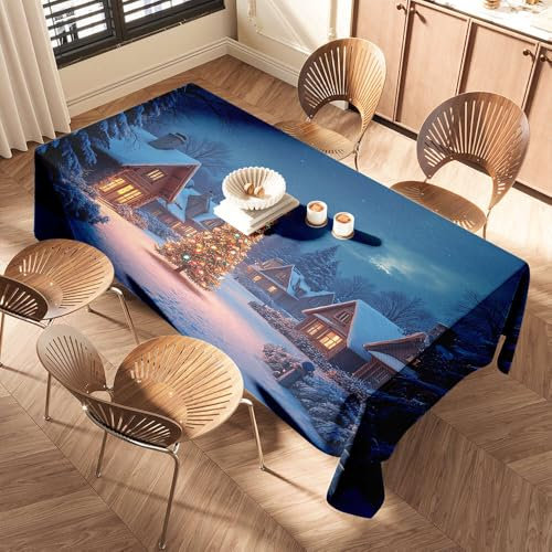 PKRD Runner da tavola blu Un accogliente villaggio con un albero di Natale luminoso nella neve. Tovaglia impermeabile con bordo elastico, tovaglia in plastica nera
