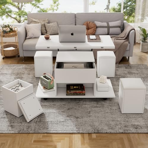 Laxnb Lift Top Coffee Table with 4 Storage Stools, Modern Lift Up Coffee Table for Living Room, Extendable Dining Table Tea Tables White Folding Centre Table, Living Room Furniture, White