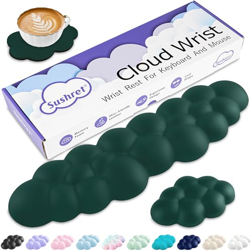 Sushret Cloud Wrist Rest Keyboard, Cloud Keyboard Wrist Pad Set with PU Leather Memory Foam, Cute Arm Rest for Palm Support, PC/Gaming Desk Accessories/Office Setup/Computer Hand Cushion- Dark Green