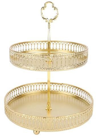 Etagere 2 Etagen Gold, Abgestufte Tablett Einfache Baugruppe Exquisites Zweistufige Tablett Große Kapazität für Dessert (Streifen Gold)
