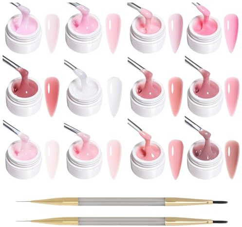 Gel Nägel Set in 12 Farben Aufbaugel für Gelnägel Nagel Gel uv mit 2 Doppelköpfigen Nagelbürsten,Einfach zu Bedienen,Ausgezeichnete Haftung,Ideal für Studio Oder Heim DIY Nagel Design