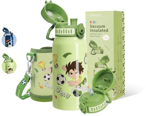 UZSPACE Botella Agua Acero Inoxidable Niños de 600 ml con Funda y 2 Tapas, A Prueba de Fugas, Manejo con Una Sola Mano, sin BPA, Termo con Pajita para Niños, Niñas, Escuela, Guardería (Fútbol Verde)