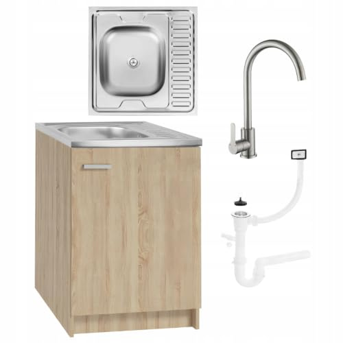 Stamar Sonoma Armoire d'évier de cuisine 60 cm avec robinet et siphon lave-vaisselle prêt à monter
