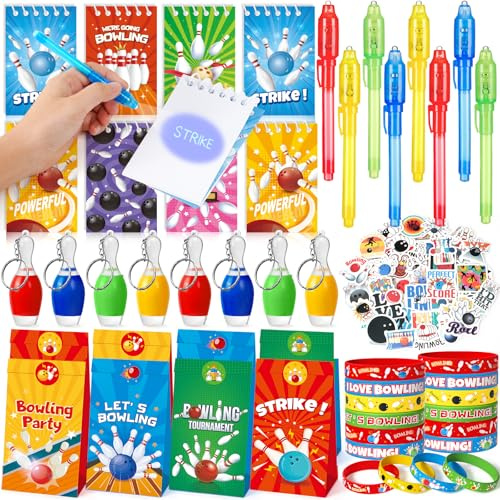 90 Stück Bowling Party Mitgebsel Kindergeburtstag mit UV Stift & Notizbuch | Geschenktüten LED-Schlüsselanhänger Silikonarmband, Bowling Pinata Give Aways Gastgeschenk Kindergeburtstag Kinder