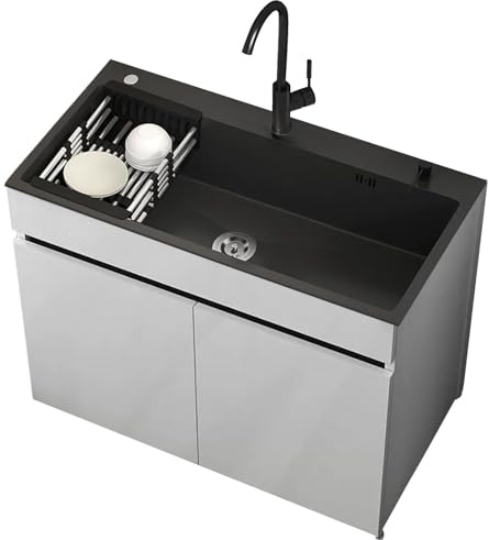 Fregadero de Acero Inoxidable 80 cm Independiente con Mueble Inferior | Grifo de Dos Mandos para Agua Fría/Caliente | Estante | Interior/Exterior | Comercial & Doméstico | Cocina/Baño