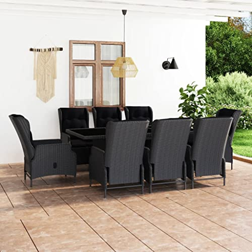 Owoxanthellate 9-TLG. Garten-Essgruppe aus dunkelgrauem Rattan mit 200 cm Glas-Tisch verstellbare Loungesessel wetterfest für Balkon Terrasse außen