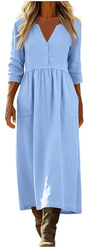 HAOLEI Linen Dresses for Women with Pockets, Ladies Summer Maxi Dress Elegant Button V Neck 3/4 Sleeve Plain Boho Casual Baggy Shift Dress Going Out Beach Vacation Travel Outfits Long Dresses