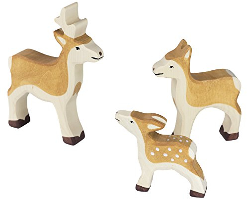 cama24com Holztiger REH Rehkitz und Rehbock Set mit 3 Holzfiguren Holzspielzeug Tierfiguren mit Palandi® Sticker