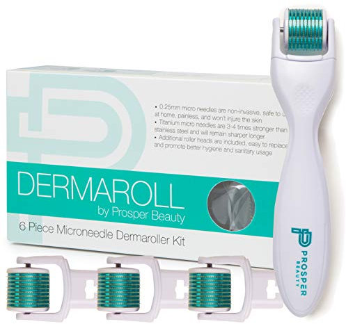 Derma Roller Micronadel-Set, 6-teilig, von Prosper Beauty, Gesichtsroller mit 4 austauschbaren Köpfen, Peeling Mikrodermabrasion Mikroderma Hautpflege Werkzeug Dermapen Microneedling