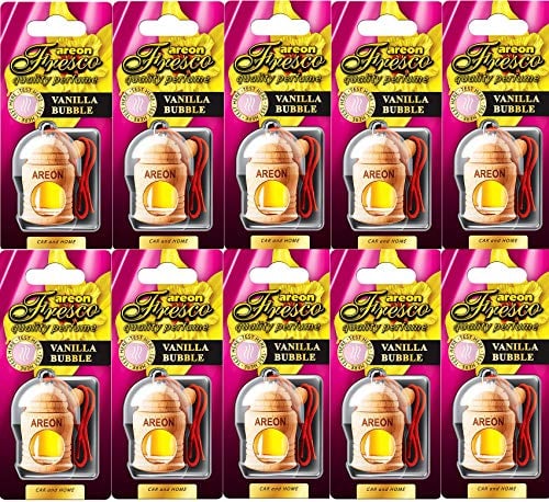 AREON Fresco Auto Vanille Bubble Gum Duft Kaugummi Rot Glas Duftflakon Set Flakon Holz Hängend Anhänger Spiegel 4ml (Pack x 10)