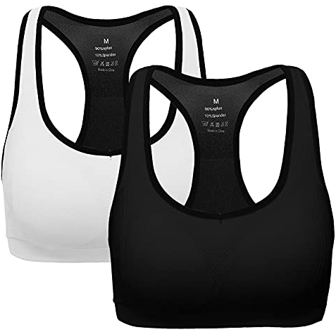 ANGOOL Damen Komfort Klassische Racerback Sport BH Top Fuer Yoga Fitness-Training, S Fit 65B 65C 65D 70BC 70D 75BC, Schwarz+weiß