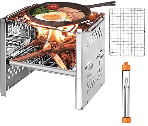 PSKOOK Edelstahl Grill Gasbrenner für Outdoor Kochen Picknick Campingkocher tragbare Faltbare leichte Edelstahl-Herd Holzofen Backpacking Herd Mini BBQ Grill mit Pocket Bellow(Typ 1)