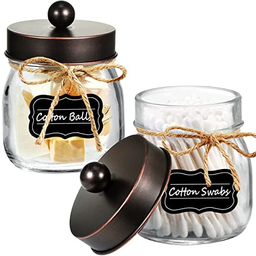 Mason Jar Bathroom Storage Organizer - Oil Rubbed Bronze - Rustic Farmhouse Decor Bathroom Accessories - Qtip Holder Dispenser Glass Apothecary Jars for Qtips,Cotton Swabs,Ball,Flossers (2 Pack)