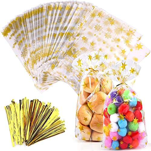 Voarge 100 Stück Bodenbeutel Sterne Gold OPP Beutel, 14x23cm Cello Taschen mit Twist Krawatten, Bodenbeutel, Keksbeutel für Lollipop Sticks, Candy, Hochzeit, Geschenke