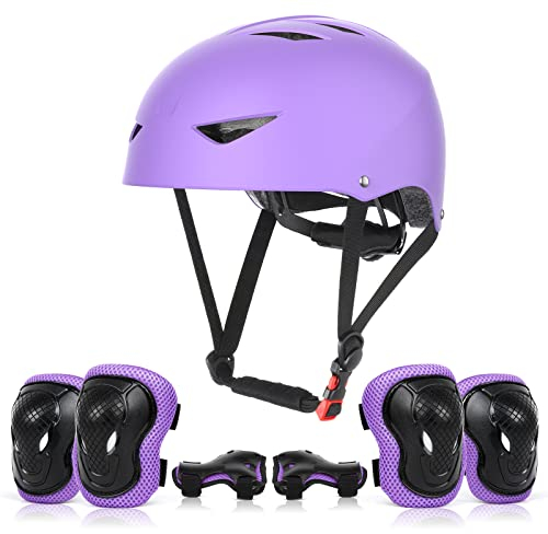 ValueTalks Kinderhelm Skateboard Helm mit Schützer inliner Kinder Schonerset Protektoren Helm für inliner Skateboard Fahrrad Rollschuh 54-58cm Kopfumfang (Lila)