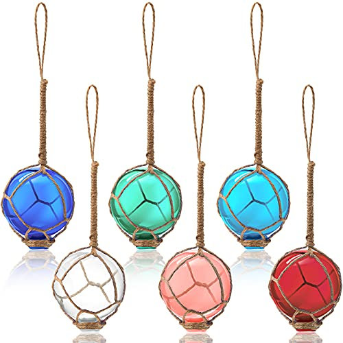 Sieral 6 Pieces Nautical Glass Fishing Float 2 Inch Beach Glass Float Balls Nautical Rope Ball Multi Color Glass Floats for Christmas Tree Ornaments