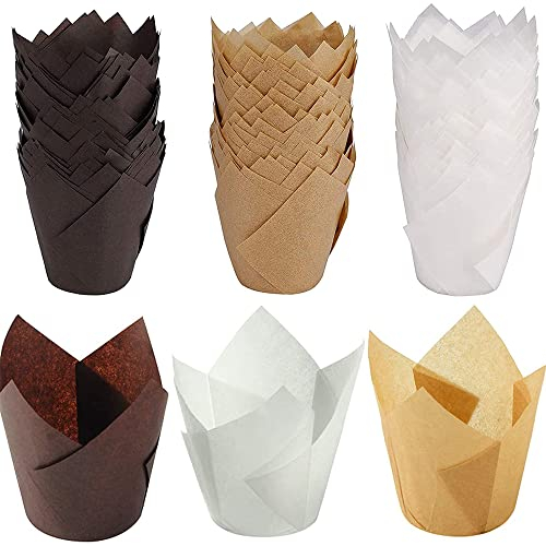 150 Stücke Cupcake Backpapier für Cupcakes Muffins, Tulpen Muffinförmchen Papier, Tulpe Muffin Fälle, für Haus und Party Wrapping Kuchen(Dunkelbraun, Hellbraun und Weiß)