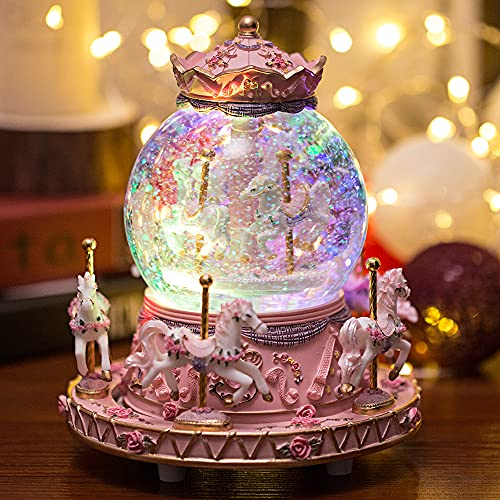 LOVE FOR YOU Geschenk verpackt Spieluhr Karussell Pferde Bunte Lichter Einhorn Musik Schneekugel für Mädchen und Frauen Baby Kinder Tochter Mama Enkelin Oma Weihnachten Geburtstag Geschenke