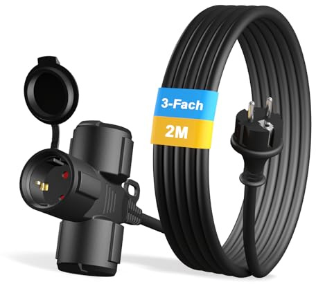 YIDE Verlängerungskabel Outdoor 2m Schuko 3-Fach IP44 Gummikabel 3500W | 3 Schutzkontakt-Buchsen mit Schutzkappe, H05RR-F 3G1,5mm² Gummi Verlängerung Stromkabel, für Baustelle, Garten & Außenbereich