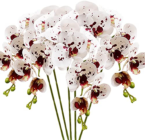 5 Stück Künstliche Orchideenblüten Weiß mit Flecken Künstliche Phalaenopsis Blumen 70 cm für Heimdekoration