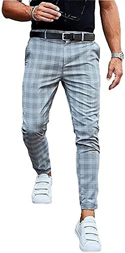 Hommes - Pantalons À Carreaux Classiques - Pantalons Décontractés À Carreaux Slim Chinos (Color : Grau Blau, Size : 3XL)