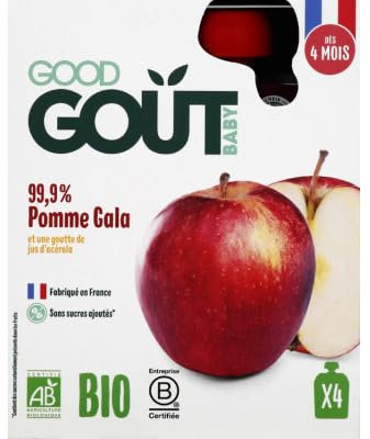 Good Goût - Gourdes Pomme Gala - Purée Bébé - dès 4 Mois - 99, 9% Pomme Gala - sans Sucres Ajoutés - Fabriqué en France - 4 x 85 g