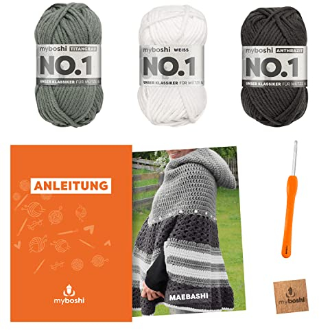 myboshi Häkelset Poncho Maebashi, inkl. No.1 Wolle, Nadel und Anleitung, original Label, Häkelpaket, 30% Merinowolle Grau, Weiß mit Häkelnadel