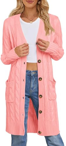 MEROKEETY Womens Long Sleeve Cable Knit Long Cardigan Open Front Button Sweater Outerwear, Pink, Small