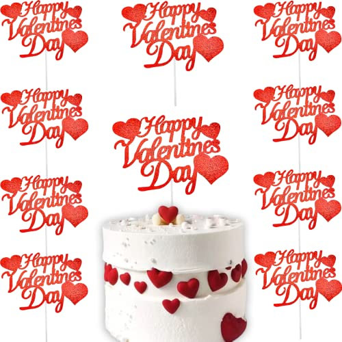 10 Stück Happy Valentines Day Kuchendekoration Rot Glitzer Kuchen Topper Valentinstag Cupcake Topper Herzförmige Kuchen Picks Kuchen Zubehör für Hochzeit Valentinstag Geschenke Kuchen Dekoration Party