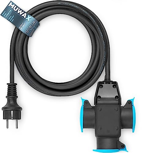 MUWAX 5m Gummi-Verlängerungskabel H07RN-F 3G1,5mm² mit 3-Fach Verteiler | für Baustellen, Werkstatt, Industrie, für dauerhaften Einsatz im Außenbereich und starke mechanische Beanspruchung schwarz