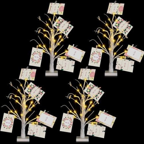 Retisee 4 alberi di betulla illuminati e 48 clip trasparenti per foto da 50 cm, rami di albero illuminati con 24 mini mollette a LED per foto albero artificiale con luci decorative per interni, giallo
