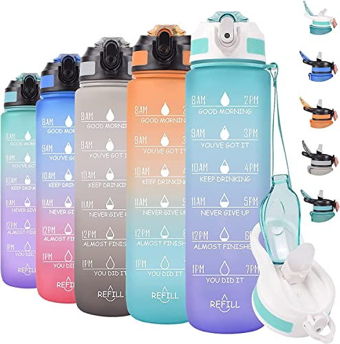 Ziyan Trinkflasche 1l, Wasserflasche Auslaufsicher, Trinkflasche Sport Kohlensäure Geeignet, BPA Frei Sportflasche mit Filter und Zeitmarkierung für Fahrrad, Fitness, Wandern, Outdoor (Grün Lila)