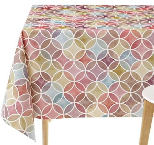 KP HOME Wasserdichte PVC-Tischdecke, Abwischbar, Rechteckig, 300 x 140 cm, Nahtlos, Geometrische Kreise, Kunststoff-Vinyl für Küche, Mehrfarbig, Violett-Rot