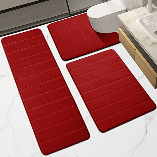 HOUYOMICS Badematten-Set, 3-teilig, Memory-Schaum, rutschfest, schnell trocknend und maschinenwaschbar, Badematten-Sets für Badezimmer, Dusche, WC, Boden (Burgunderrot, 60 x 80 + U60 x 60 + 43 x 120